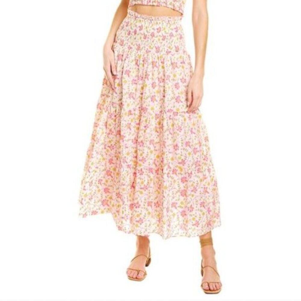 Ash & Eden Pink Floral Print Tiered Smocked Maxi Skirt